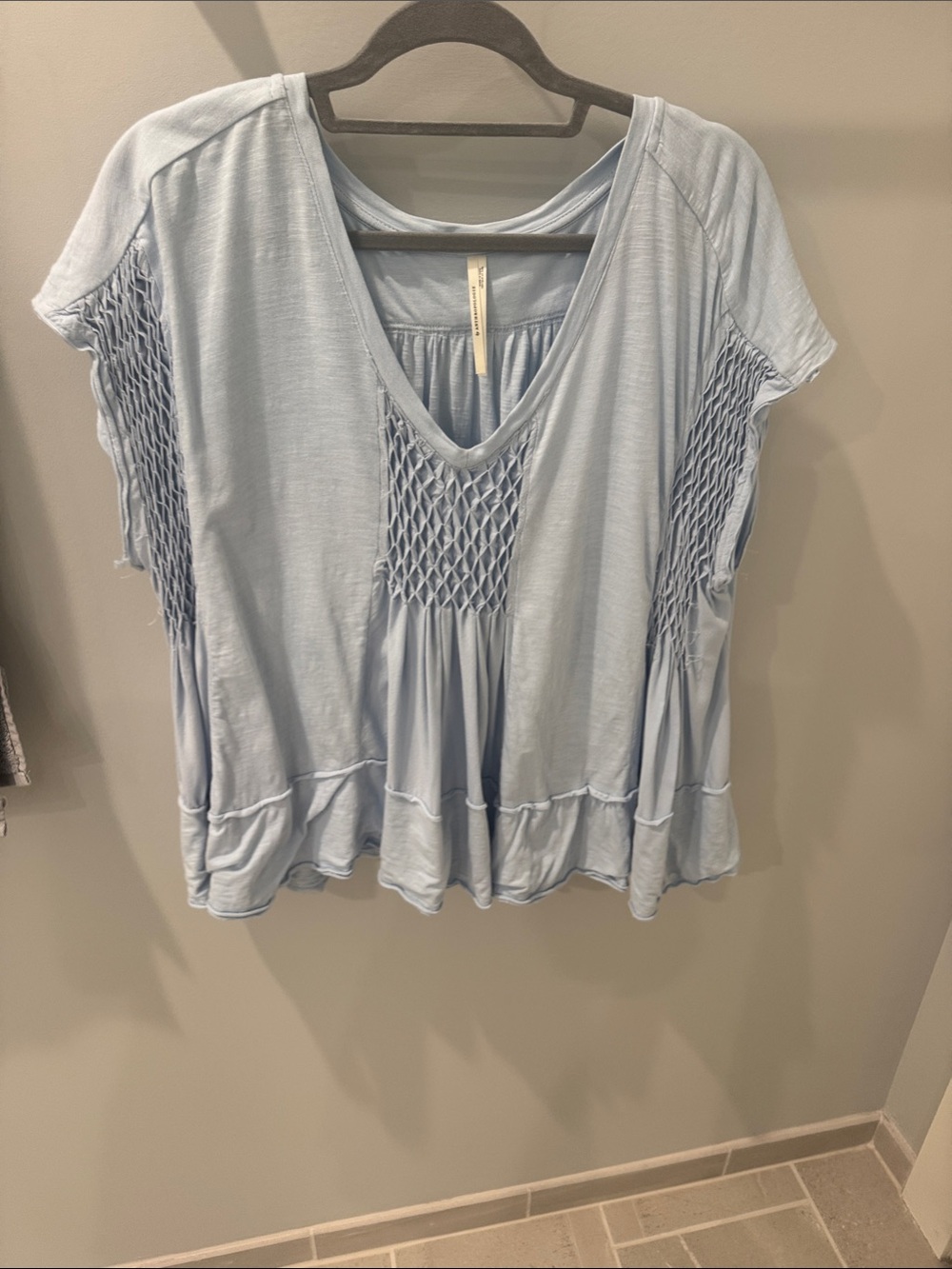 Anthropologie Light Blue Smocked V-Neck Tunic Top